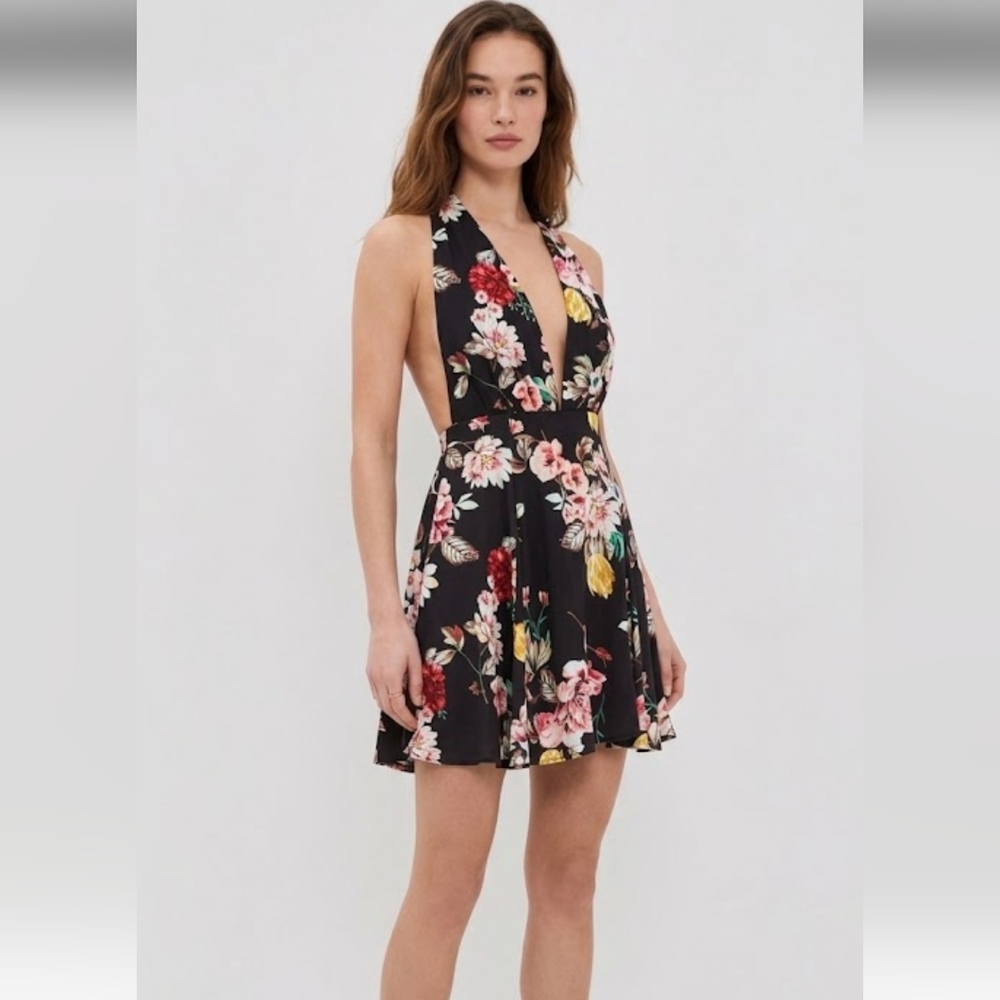 AFRM Deep V-Neck Plunging Floral Halter Mini Dress Size S